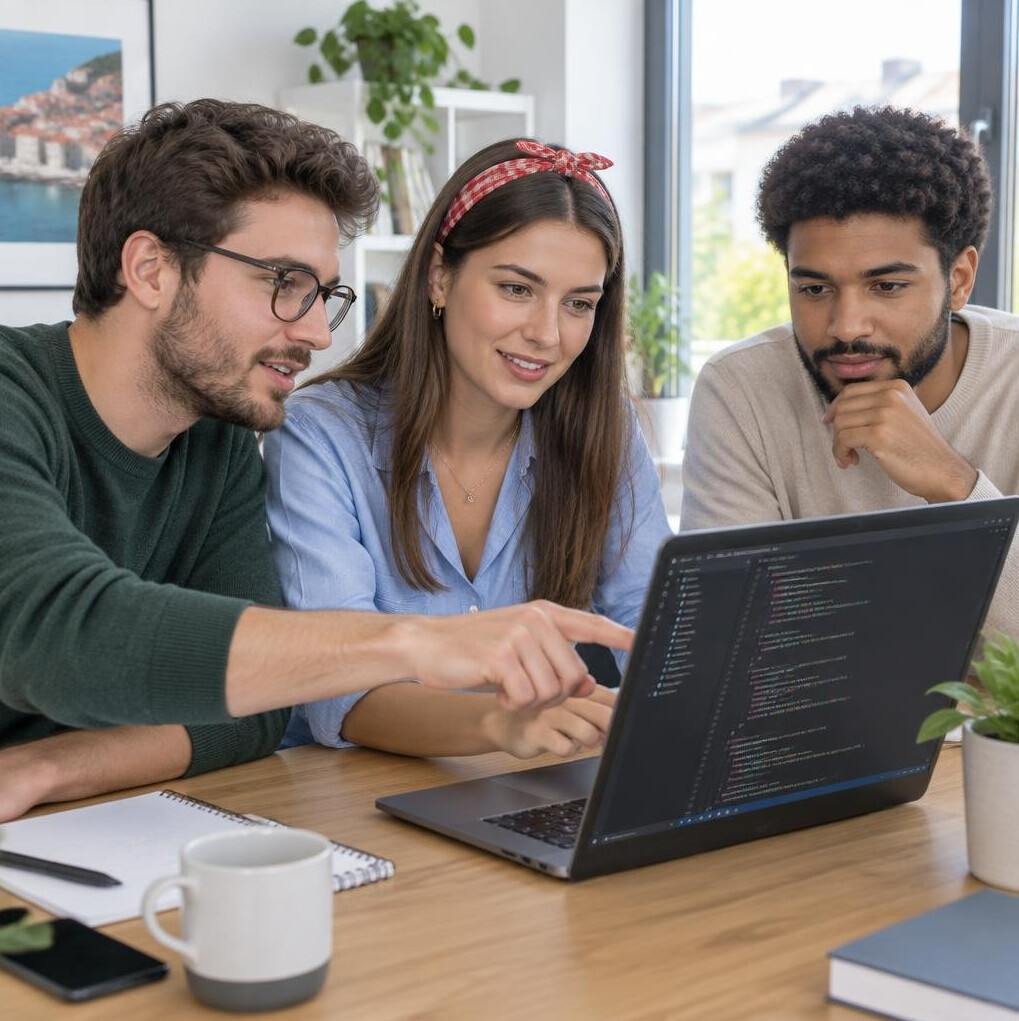 Diverse group of people collaborating around a laptop discussing code